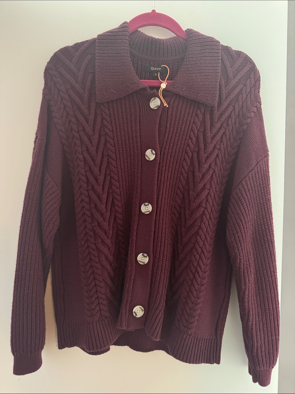 Quince Women's Cable-Knit Button Cardigan - Burgundy - new never worn